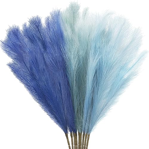KALYLOC 9Pcs 3FT Colorful Faux Pampas Grass for Boho Decor, Non-Shedding Fluffy Artificial Bulrush, Tall Reed Fluffy Stems Vase Filler Living Room Wedding Decoration (Dark Blue) - color: Dark Blue