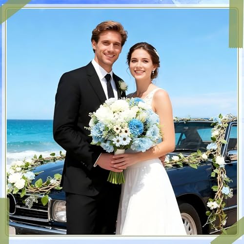 Tigeen 6 Bundles Artificial Bouquet Flowers Artificial Peonies Faux Roses Hydrangea Flowers Bouquet for Wedding Table Centerpiece Floral Vase Decor (White,Blue) - color: White,blue