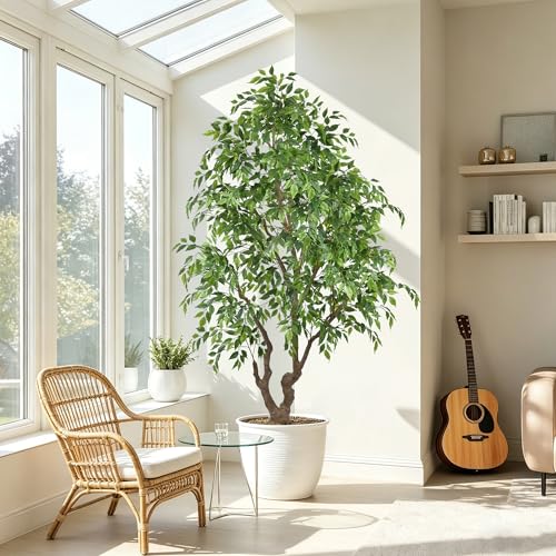 7ft Artificial Ficus Tree Indoor - Tall Faux Banyan Tree with 2294 Leaves & Realistic Trunk, 84" Large Fake Ficus Potted Plant for Home Office Living Room Porch Mall Decor