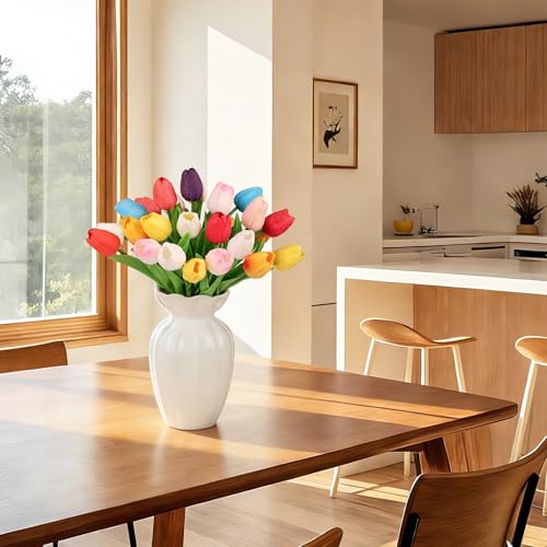 28Pcs Tulips Artificial Flowers Real Touch PU Faux Tulips Colorful Fake Flowers for Home Decor - Easter Spring Table Arrangement in Vase (Bedroom, Living Room, Kitchen) - color: Multicolor-28