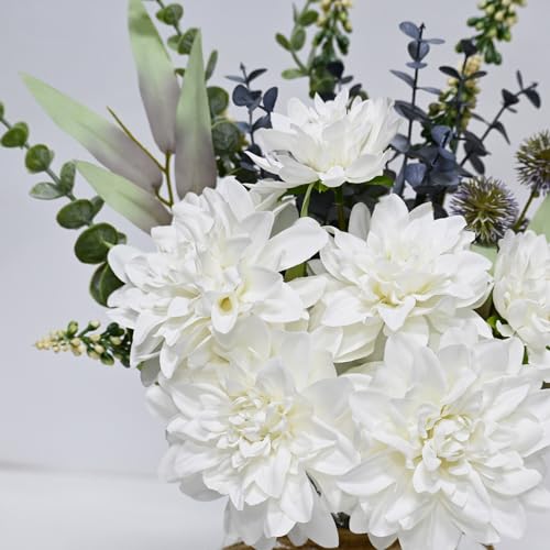 Dahlia Bouquet Mixed Eucalyptus Greenery Indoor Wedding Table Vase Decor | Realistic Silk Fake Floral Arrangement, Farmhouse Table Centerpiece for Kitchen Wedding Bridal Vase Home Indoor Decorations - color: White