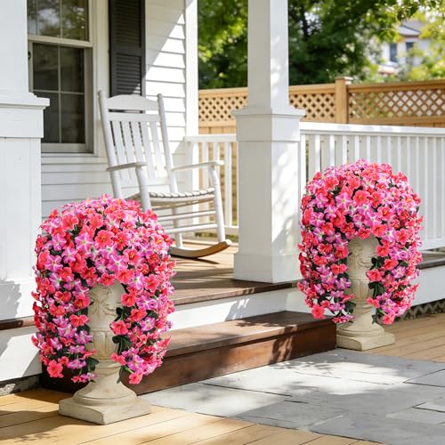 Ivydale Artificial Hanging Flowers for Outdoors, Faux Morning Glory 2Pcs UV & Fading Resistant Silk Flower for Porch Patio Balcony Planter Yard (Rose Red) - color: Rose Red