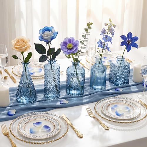 12 Pcs Blue Bud Vases Set, Armber Small Vintage Glass Clear Bud Flower Vases Bulk Multiple Shape Cute Mini Glass Bottles Vases for Rustic Wedding Centerpieces Table Decorations and Home Decor - color: Blue