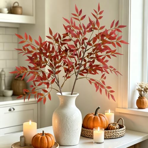 2 Pcs Fake Plants 35.4 Inch Red Fall Stems for Vase Fall Decor, Artificial Plants Indoor Faux Branches for Vase Filler Fake Leaves Office Home Decor - color: Red Nandina, size: 2 Pcs