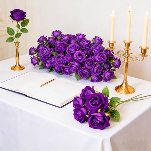 Rose Artificial Flowers Velvet Bouquet with Long Stem Real Touch Fake Roses Florals for Bridal Wedding Bouquet Party Arrangement Centerpiece Decorations (36, Purple) - color: Purple