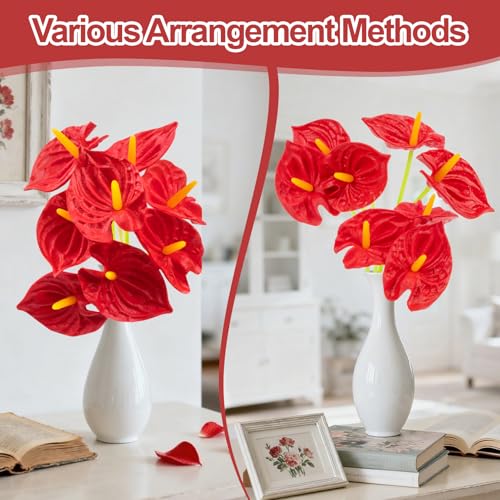 RAINFLOW 8PCS Anthurium Artificial Flowers Red Anthurium Single Stem - Tropical Flowers Artificial with Large Bloom, Faux Anthurium Artificial Flowers for Wedding Table Centerpiece Decor(12.6")