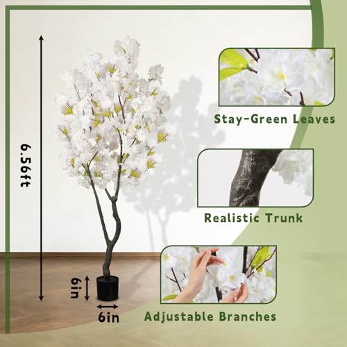 White Faux Cherry Blossom Tree, 6.5FT Tall Artificial Floral Plants with Realistic Green Leaves, Large Fake Sakura Flowers Tree Indoor Decor for Bedroom Living Room Office - color: White-ap33