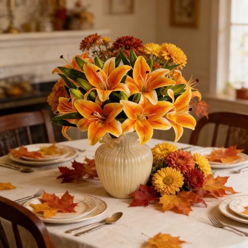 Kimura's Cabin 6Pcs Tiger Lilies Artificial Flowers Real Touch Lily with Stems Fake Flower Faux Lilies Bouquet for Wedding Floral Arrangements Easter Home Table Centerpiece Office Decor(Orange) - color: Orange Yellow