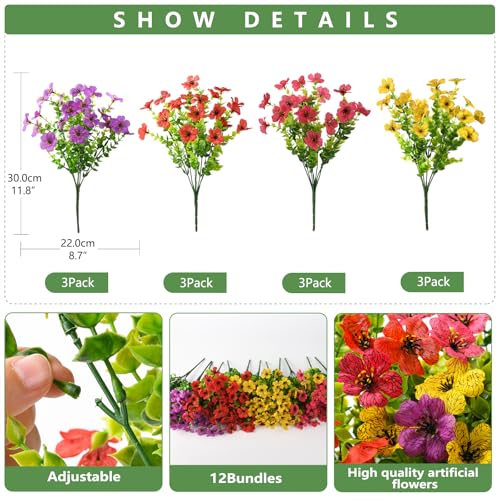 INQCMY Artificial Flowers for Outdoors Faux Plants Fake Flowers Spring Summer Decoration,12 Bundles Faux Silk Colorful Daisy Realistic UV Resistant for Outside Home Planter Window Porch Patio Yard - color: Purple,red,rose Red,yellow, size: 12 PCS