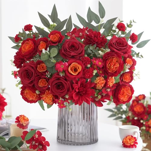 10 Pcs Mixed Artificial Flowers Set, Artificial Peony Bouquet Fake Rose Flower Silk Floral Arrangements for Table Centerpiece Vase Home Wedding Party Bridal Vase Decoration(Red, 6 Bouquets & 4 Stems) - color: Red, size: Mixed 10pcs