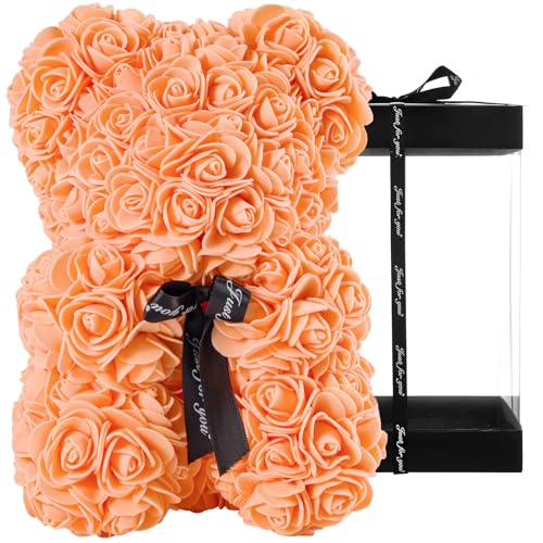 DuHouse Rose Bear Rose Teddy Bear Flower Gift Black Box for Valentines Gifts Anniversary Christmas,Birthdays Bridal Showers -Fully Handmade 10 inch Flower Bear Clear Gift Box (Orange) - color: Orange