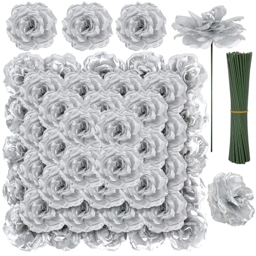 LELEE Artificial Rose Flowers Head with Stem - 108pcs Silver Artificial Flowers Rose Bulk - Silk Rose Fake Flower for Wedding Bouquet Party Home Decor DIY Baby Shower Centerpieces Tables Decoration - color: Silver