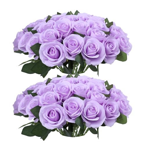52pcs Lavender Roses Artificial Flowers Fake Flowers Silk Roses with Stems for DIY Wedding Bouquets Bridal Shower Centerpieces Arrangements Party Decorations - color: Lavender