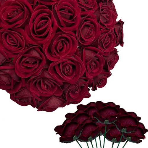 HinyoCo 28 Pcs Silk Roses Artificial Flower， Fake Roses with Stems for Wedding Bouquets Tables Centerpieces Arrangements Party Baby Shower Birthday Home Decor (Dark Red) - color: Dark Red