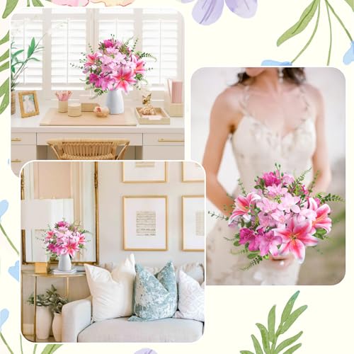 10 Pcs 18.5" Pink Fake Lilies Silk Easter Lily Artificial Flowers Pink Flower Bouquet Fake Spring Flowers Summer Floral Arrangements for Home Kitchen Wedding Table Centerpieces Decorations
