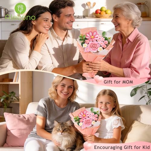 Alecono Crochet Flower Bouquet, Knitted Flowers, Pink Handmade Bouquet of Flowers for Mother's Day Anniversary Birthday Party Graduation Valentine's Day Gifts (Include Card) - color: Pink