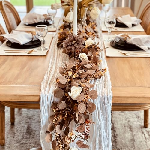 CQURE 2Pack Eucalyptus Garland,Artificial Eucalyptus Leaves Flowers Table Greenery Garland Wreath Vines for Wedding Party Fireplace Bedroom Room Decor - size: 17.7 Ft with Flowers-Brown
