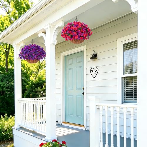 Artificial Hanging Flowers Plant with Basket for Outdoors Spring Decor, Fake Hanging Plants Silk Bougainvillea in Planter Look Real UV Resistant Faux Flower for Outside Porch Patio Garden Home, Mix - color: Red + Purple
