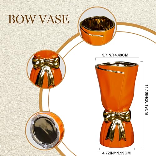 Orange Ceramic Vase for Flower, Modern Decorative Vase with Bow, Minimalist Tall Vases for Home Decor, Living Room, Console Table, Fireplace, Kitchen Decor 11 Inch - color: Orange, size: 11 inch