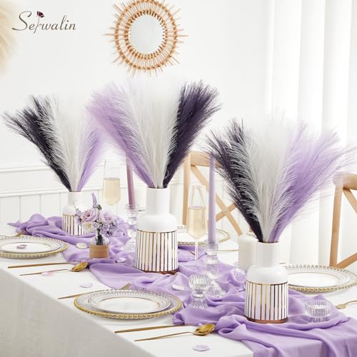 Serwalin 𝟲𝟬𝗽𝗰𝘀 Pampas Grass Decor, 𝟭𝟳.𝟳𝗜𝗻𝗰𝗵 Pampas Grass Home Decor, Faux Pampas Grass Boho Decor, Purple DIY Artificial Plants Fluffy, Pampas Decoration Vase Filler, Table Centerpieces - color: H Lavender & Purple & White