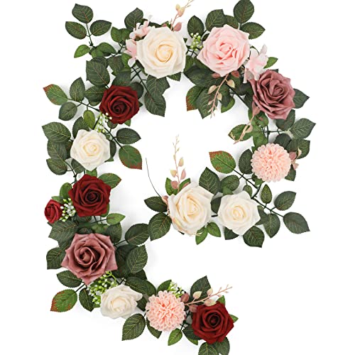 Senseya 5FT Artificial Rose Flower Garland - Burgundy Fake Floral Vine with Rose Leaves, Runner Rustic Flower Garland for Wedding Arch Backdrop, Table Runner Centerpieces, Party Home Mantel Decor - color: Burgundy