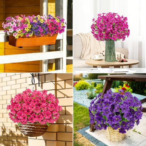20 Bundles Artificial Flowers for Outdoors, Fake Violet Flowers Silk Realistic UV Resistant Faux Artificial Plants Outdoors for Window Box Garden Patio Front Porch Home Indoor Outside Decorations - color: Purple Fuchsia Pink Yellow Rose Red