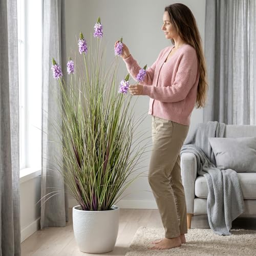Artificial Plants Indoor Tall Grass Plants with Lilac Flower 47.2InTall Artificial Ornamental Grass Green Onions Outdoor Fake Plants with Black Pot Home Office Decorative (1 Pack,Purple) - color: 1.2m Purple1
