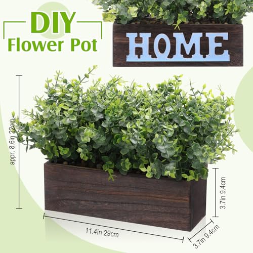 Lyrow 2 Pack Artificial Eucalyptus Plant in Rustic Rectangular Wooden Planter Box Greenery Faux Potted Herb Plant for Indoor Wedding Table Centerpiece(Green,11.4 x 3.7 x 7.8 Inches,Retro Style) - color: Brown, size: 11.4 Inch, style: White Frosted Pointed