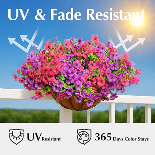 Artificial Flowers for Outdoors, 12 Bundles Outdoor Faux Plants,Uv Resistant Artificial Fake Flowers Plants, Realistic Spring Decor for Porch, Patio, Yard (LightRedPurple) - color: Lightredpurple