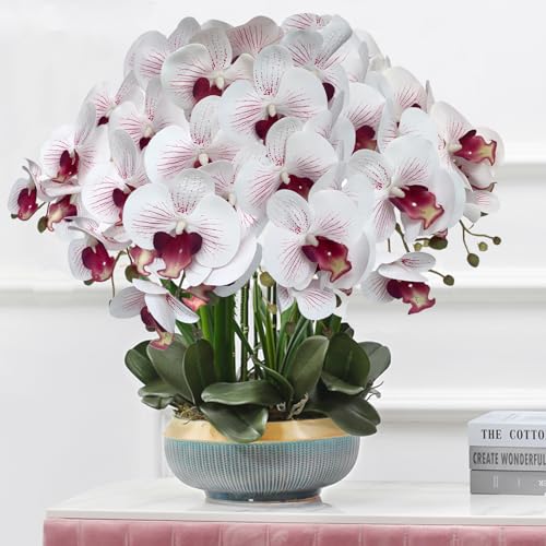 FagusHome 8 Pcs Artificial Phalaenopsis Flowers 32 Inch Artificial Orchid Flowers Fake Flowers Stem Plants for Home Décor (White and Purpleline) - color: White and Purpleline