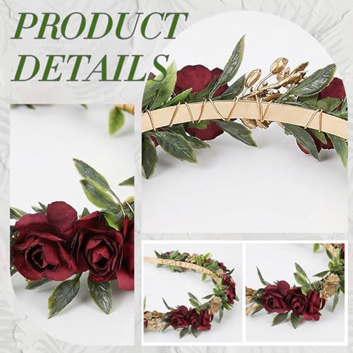 Red Rose Flower Headband, Artificial Fairy Elf Flower Crown, Forest Woodland Floral Headpiece for Women Maternity Wedding Renaissance Festival Cosplay Party Hair Accessories - color: Red