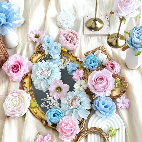 Artificial Flowers Combo Box Set Baby Blue Pink Silk Roses with Stems Crystal DIY Pastel Rainbow Bridal Wedding Bouquets Cake Fake Floral Arrangements Baby Shower Party Table Centerpieces Home Decor - color: Baby Blue, Pastel Pink