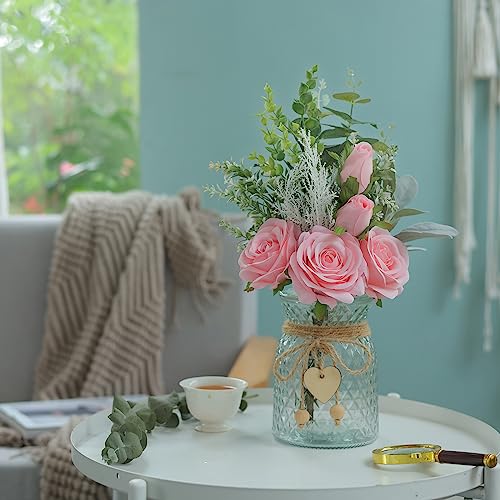 Faux Flowers with Vase,Artificial Silk Roses in Vase, Fake Plant Eucalyptus Flower Arrangement for Home Office Farmhouse Bathroom Dining Table Centerpiece Decorations Coffee Table Decor (Pink) - color: Pink