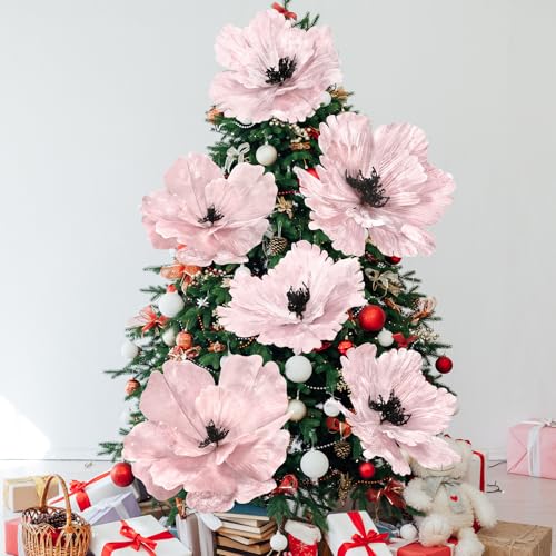 Janinka 6 Pcs Extra Large Wedding Flowers 22'' 12'' Pink Magnolia Artificial Flowers Velvet Wedding Tree Decoration Large Xmas Artificial Poinsettia Ornaments for Xmas Tree Wreath Garland - color: Pink, style: Stylish
