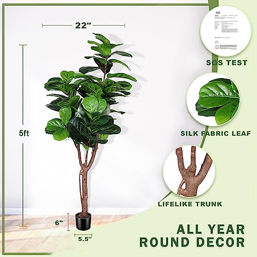 LYERSE Artificial Fiddle Leaf Fig Tree - 5ft Fake Ficus Lyrata Plant with 78 Decorative Fiddle Leaves in Plastic Pot Artificial Tree for Indoor Outdoor Home Office Perfect Housewarming - size: 5ft