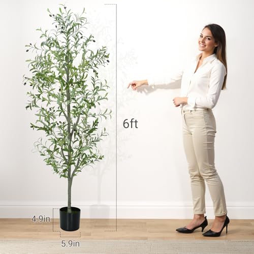 6 FT Faux Olive Tree Indoor, Tall Artificial Silk Olive Tree 6 FT, Large Indoor Fake Olive Trees with Realistic Leaves, Branches, Fruits, Faux Olive Trees Artificial Plants for Home (6 Feet) - color: Olive Green, size: 6ft