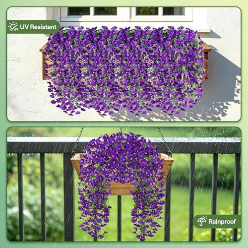 Artificial Hanging Flowers for Outdoors, 6 PCS Silk Morning Glory Artificial Flowers with Eucalyptus Leaves, UV Resistant Fake Flower Realistic Faux Plants for Home Patio Porch Garden Decor, Purple - color: Purple