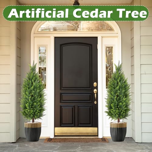Sunnyglade 2 Packs 35.5" Artificial Cedar Tree, Fake Cedar Shrub Bushes Trees with Spike Faux Topiary Plants Tree for Indoor, Garden, Yard, Porch, Patio Decor (Cedar) - color: Green