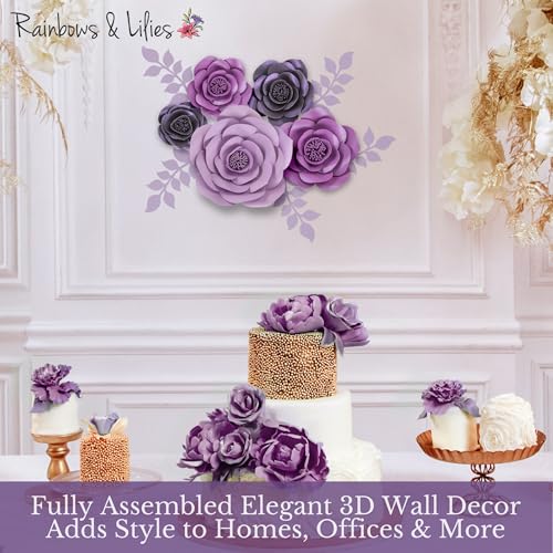 Rainbows & Lilies 10pc Large Paper Flowers Decorations for Wall – 3D Flower Wall Backdrop for Nursery, Girls Room, Baby Shower, Wedding, Bridal Shower – Pre-Assembled Reusable Purple Rose Decor Set