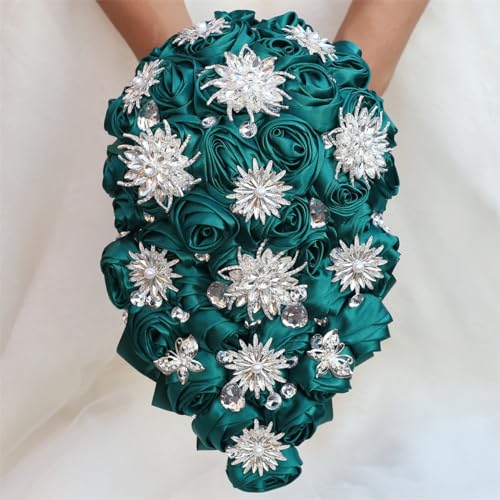 Luxury Cascade Bridal Wedding Bouquet Satin Rose Waterfall Holding Bouquet Artificial Flower Bunch for Bride Bridesmaid(Dark Green, 17.3" x 8.7") - color: Dark Green #1, size: 17.3"L x 8.7"W(44cm x 22cm)