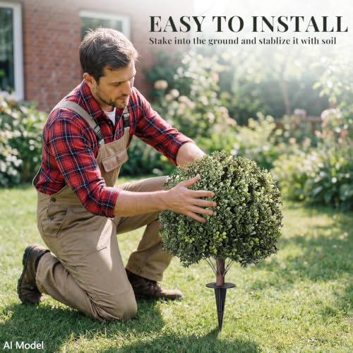 26" Artificial Boxwood Topiary Ball Tree with Ground Spikes, 2 Pack UV Resistant Fake Outdoor Plants for Front Door Porch Garden Patio Entryway Decor, Realistic Faux Shrub Height - color: Boxwood Topiary Ball Trees Dark Green 26