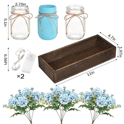 BLEUM CADE Centerpiece Table Decorations - Mason Jar Lights Centerpiece for Kitchen Dining Table Farmhouse Coffee Table Wedding Home Decor with 3 Jars Hydrangea Artificial Flowers & Wood Tray - color: Blue-hydrangea