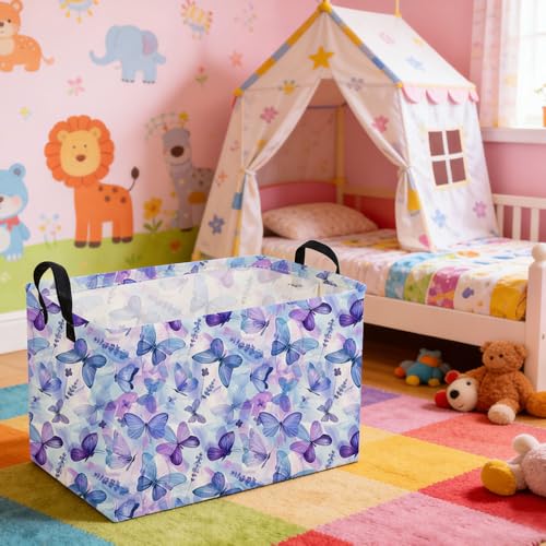 Rectangular Purple Butterfly Baskets,Foldable Waterproof Outdoor Purple Gift Basket with Handle,Baby Storage Basket,Girls Baskets,Butterfly Room Decor(Cute Butterfly) - color: Cute Butterfly