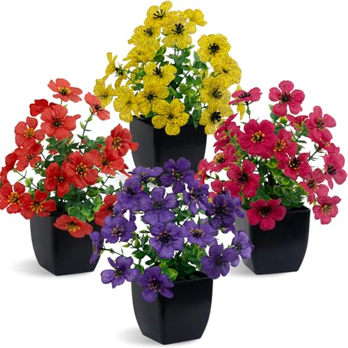 LOYWREE 4 Pack Small Faux Plants Spring Artificial Silk Flowers Fake Plants Indoor Bathroom Accessories for Home Room Office Desk Decor(Black Square Pot) - color: Daisy-black Pot, size: Black Pot