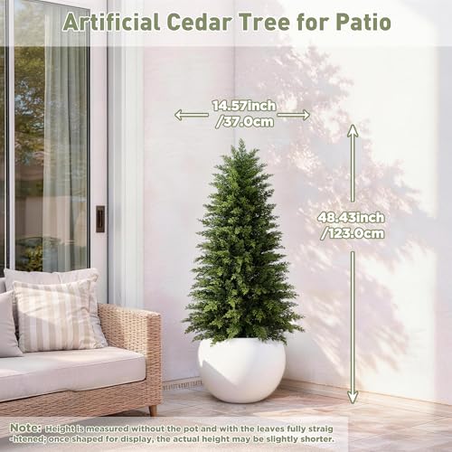 2 Pack 4ft Artificial Cedar Trees for Outdoors (UV Resistant), Potted Faux Cedar Topiary Plants for Front Porch, Realistic Evergreen Shrub for Entryway & Patio Decor - size: 4FT