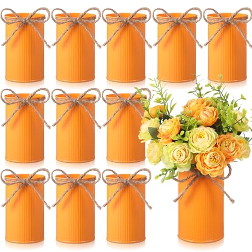 Rustic Vase for Table Centerpieces 4.33 Inch Small Petite Flower Vase with Twine Bow Vintage Farmhouse Decor for Wedding Reception Dining, Home Galvanized Metal Buckets(Orange,12 Pcs) - color: Orange
