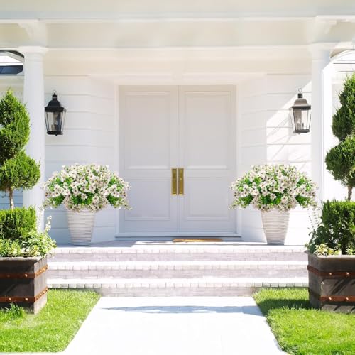 Grunyia Artificial Fake Flowers for Outdoor Spring Decoration, 16 Bundles Faux Silk Colorful Daisy UV Resistant Realistic for Outside Porch Patio Home Yard Garden Planters Pots Window Box (White) - color: White