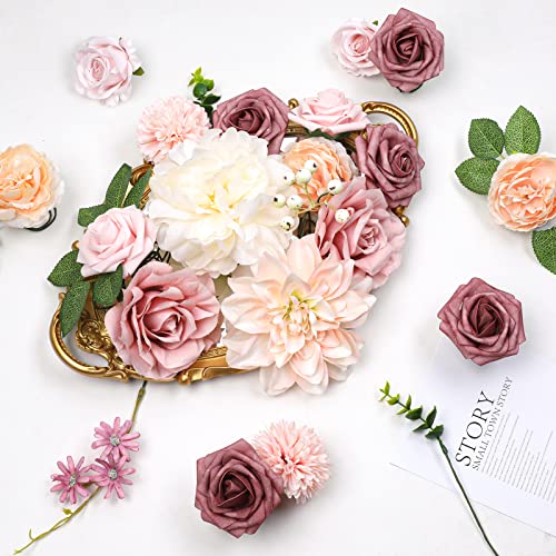 AmyHomie Blush Champagne Artificial Flowers Combo Silk Mix Peony Rose Fake Flowers w/Stem for DIY Wedding Bouquets Centerpieces Arrangements Table Fall Decor Party Bridal Baby Shower Home Decorations - color: Blush Champagne