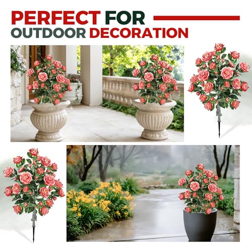 Lunmon 2 Pack 3ft Artificial Camellia Plants Tree 36" Faux Camellia Flower with Spike UV Resistant Realistic Fake Floral Blooming Bush for Indoor Outdoor Front Door Porch Backyard Garden, Red White - color: Red White Bicolor, size: 3 ft