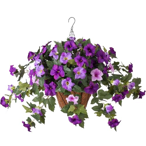 Artificial Petunia Flowers with Hanging Basket for Outdoors, 3 Pcs Fake Hanging Flowers UV Resistant Faux Silk Plants for Garden Porch Yard Patio Realistic Home Spring Decor(Double Purple) - color: F-double Purple Basket